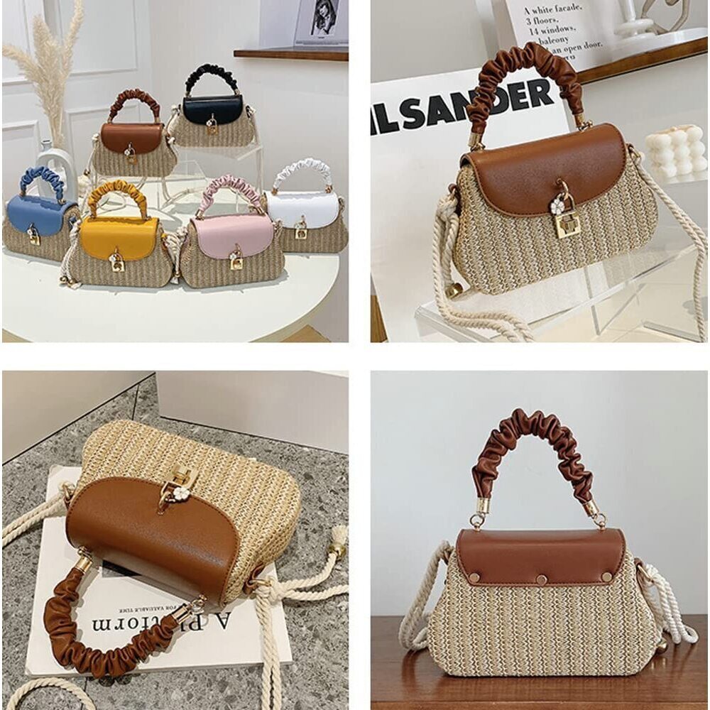 8870 Straw Crossbody Bag Hand Woven Shoulder Bag Leather Top Handle Small - Picture 4 of 8